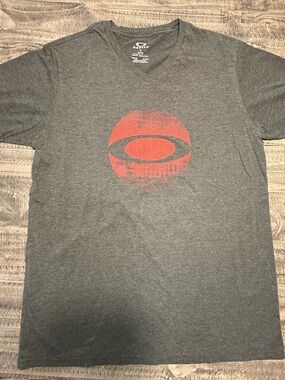 Oakley Gray V Neck Tee with Red Logo